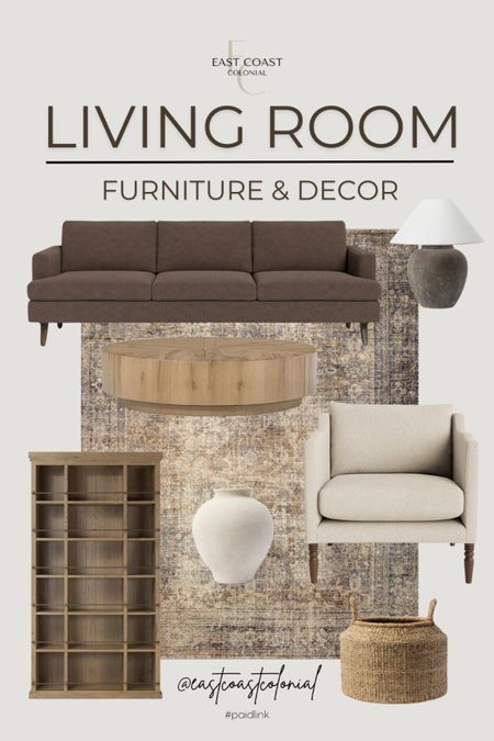 I’m loving this warm neutral inspired design. Living room furniture and decor at its best! Sofa, area rug, coffee table, lamp, bookcase, vase, chair. 

#LTKHome #LTKSaleAlert #LTKStyleTip