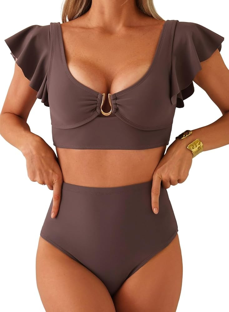 Herseas Women's High Waisted Bikini Sets Ruffle 2 Piece Swimsuits U Wire Tummy Control Bathing Su... | Amazon (US)