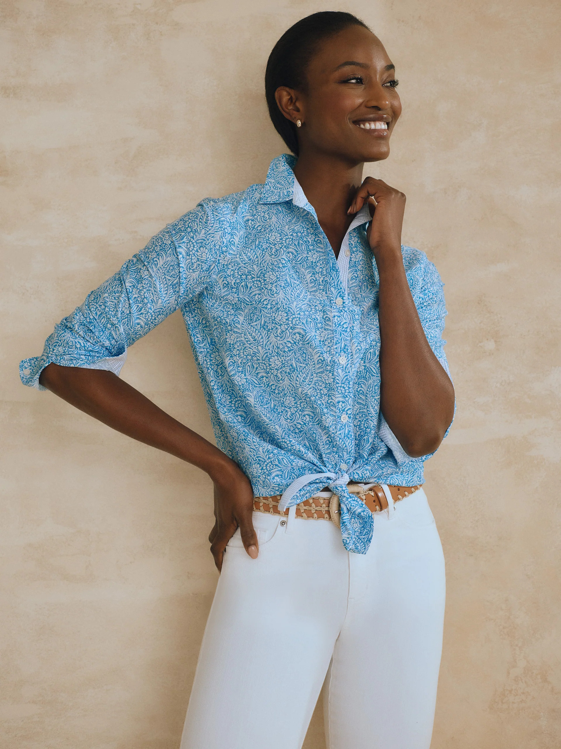 J.McLaughlin Women's Britt Silk Cotton Shirt in Paintbrush Paisley Blue/White, Size XS | Cotton/Silk | J.McLaughlin