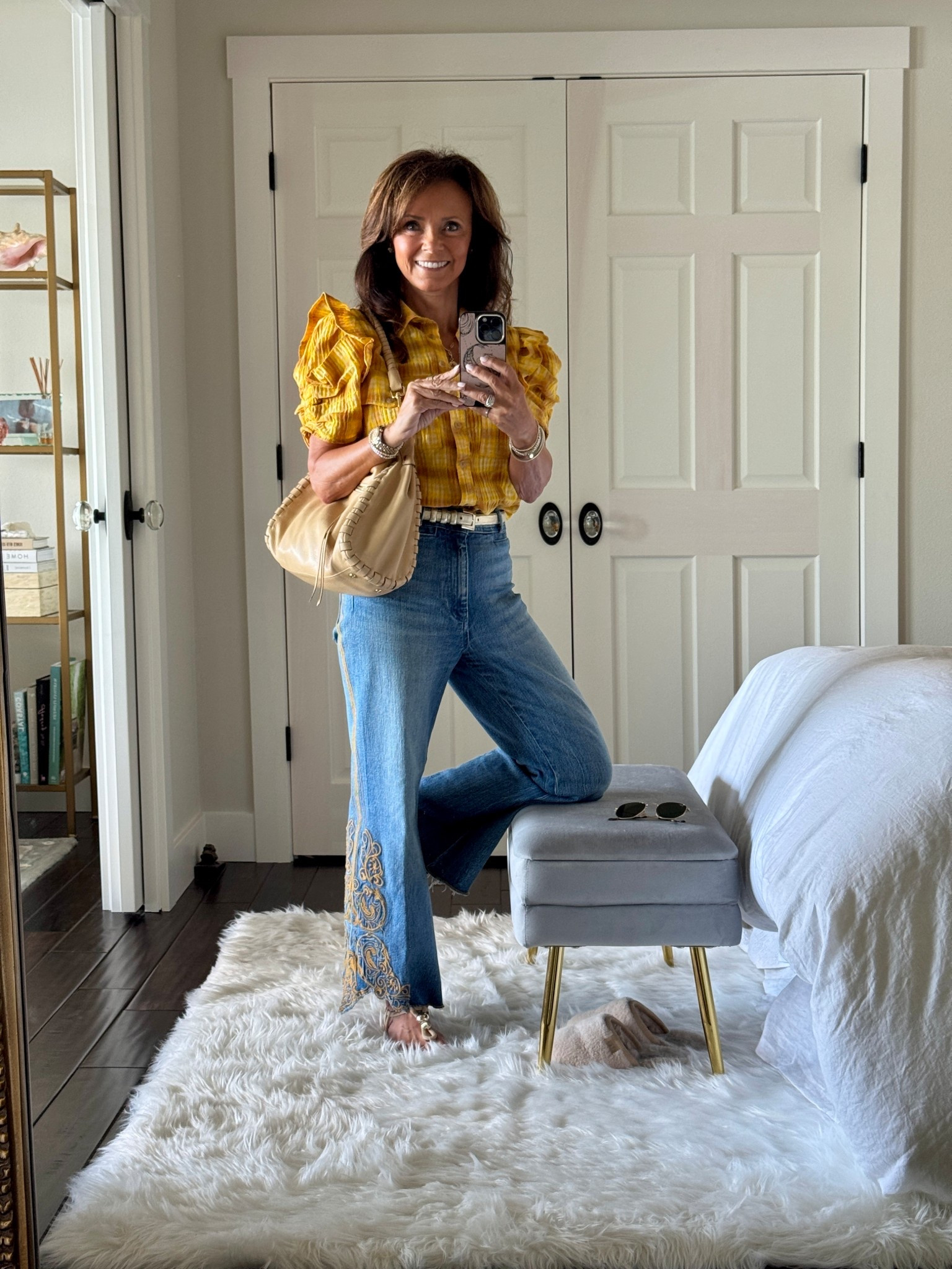 This transitional fall outfit begins with this new plaid button down top. It’s not your typical plaid shirt that’s for sure. Shirred sleeves and ruffles for the win. 
kimbentley, fall outfit, fall handbag, 

#LTKItBag #LTKCyberWeek #LTKPetite