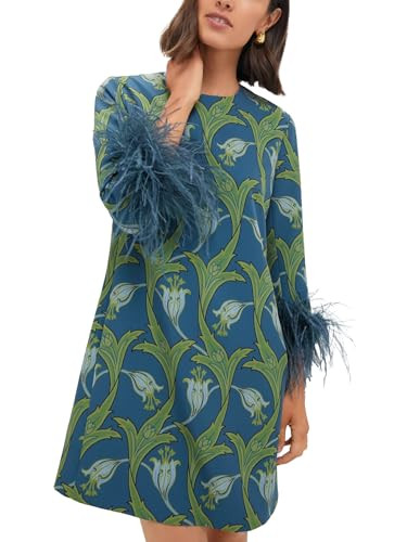 D-Sun Women Feather Dress Round Neck Casual 3/4 Feather Sleeves Party Dress Elegant Wedding Guest... | Amazon (US)