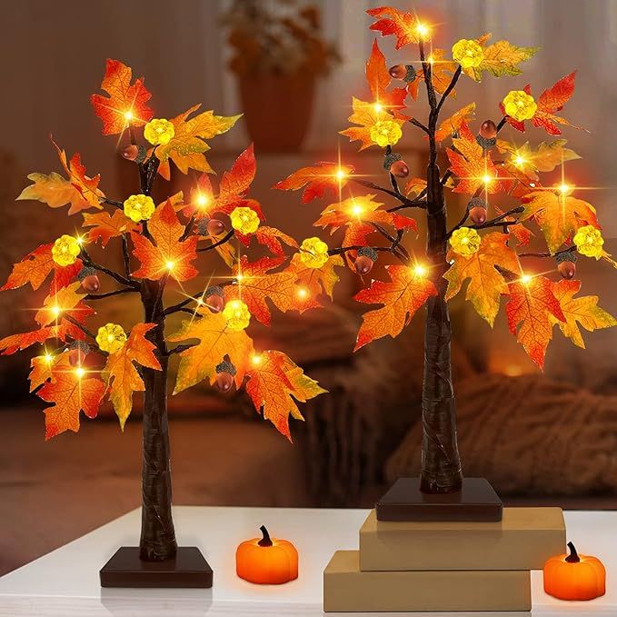TURNMEON 2 Pack 20 Inch Fall Lighted Maple Tree Decor, Total 48 LEDs Artificial Tree with Timer B... | Amazon (US)