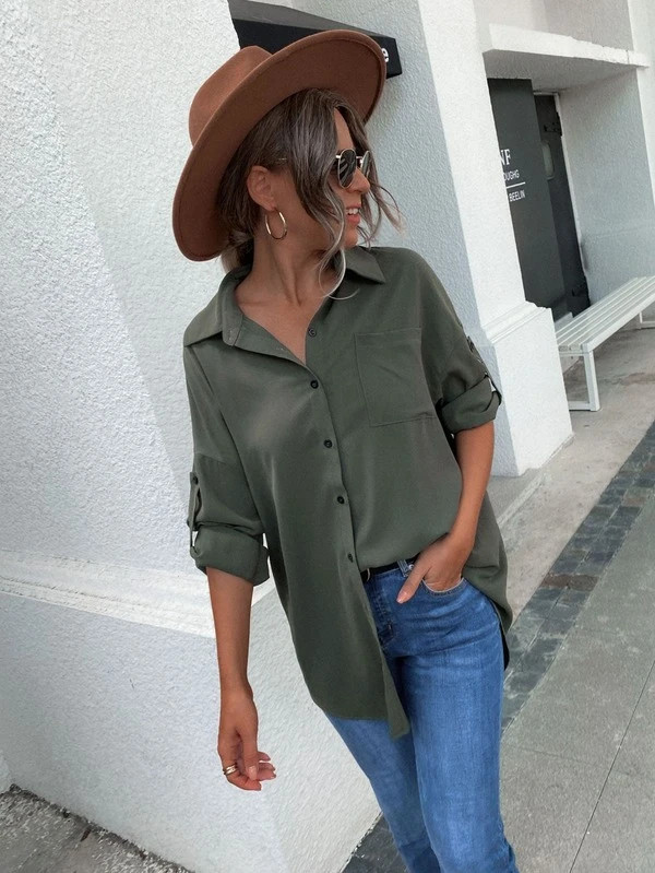 Roll Tab Sleeve Patched Pocket Blouse | SHEIN