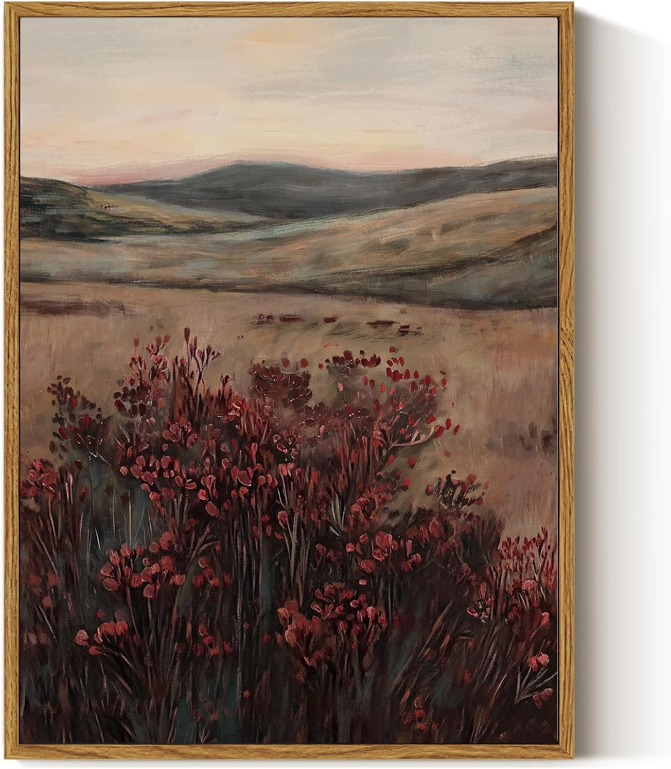 ARPEOTCY Vintage Framed Canvas Wall Art, 12x16inch, Farmhouse Landscape Wall Decor, Moody Art Prints Home Decorations, Maroon Wildflower Scenery Paintings for Living Room Bedroom Office Decor | Amazon (US)