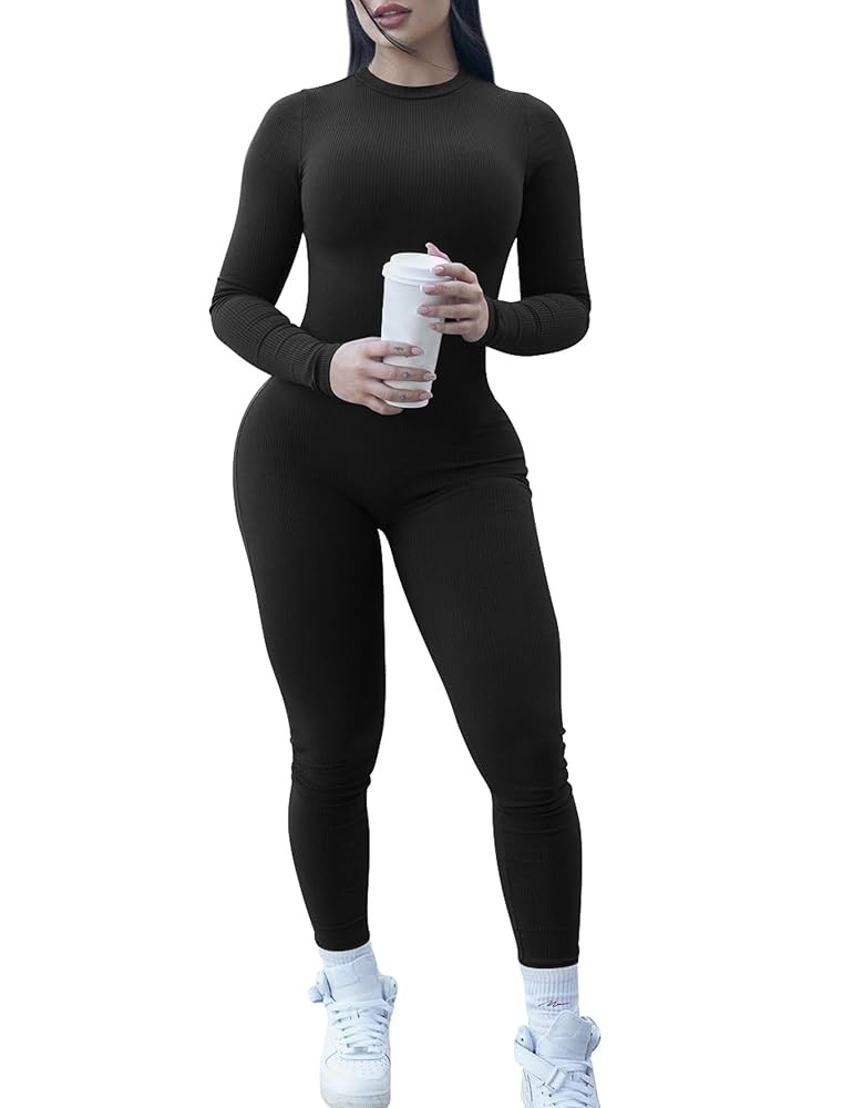 VASAUGE Women's Sexy One Piece Long Sleeve Jumpsuits Ribbed Crew Neck Club Rompers | Amazon (US)