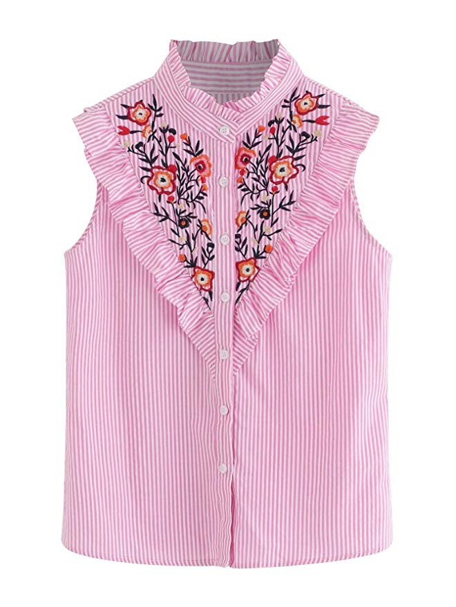 Floerns Women's Vertical Striped Ruffle Floral Embroidery Blouse Shirts | Amazon (US)