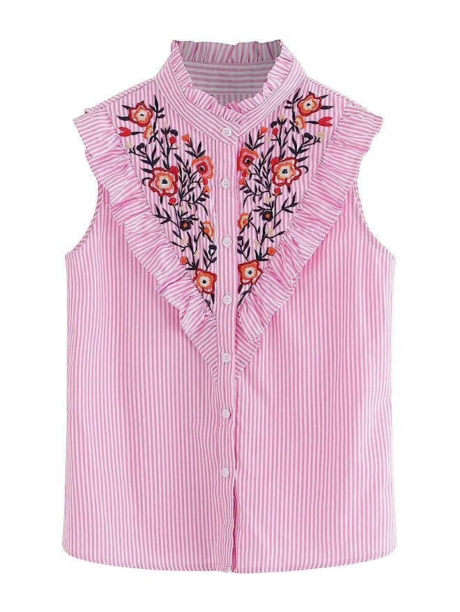 Floerns Women's Vertical Striped Ruffle Floral Embroidery Blouse Shirts | Amazon (US)