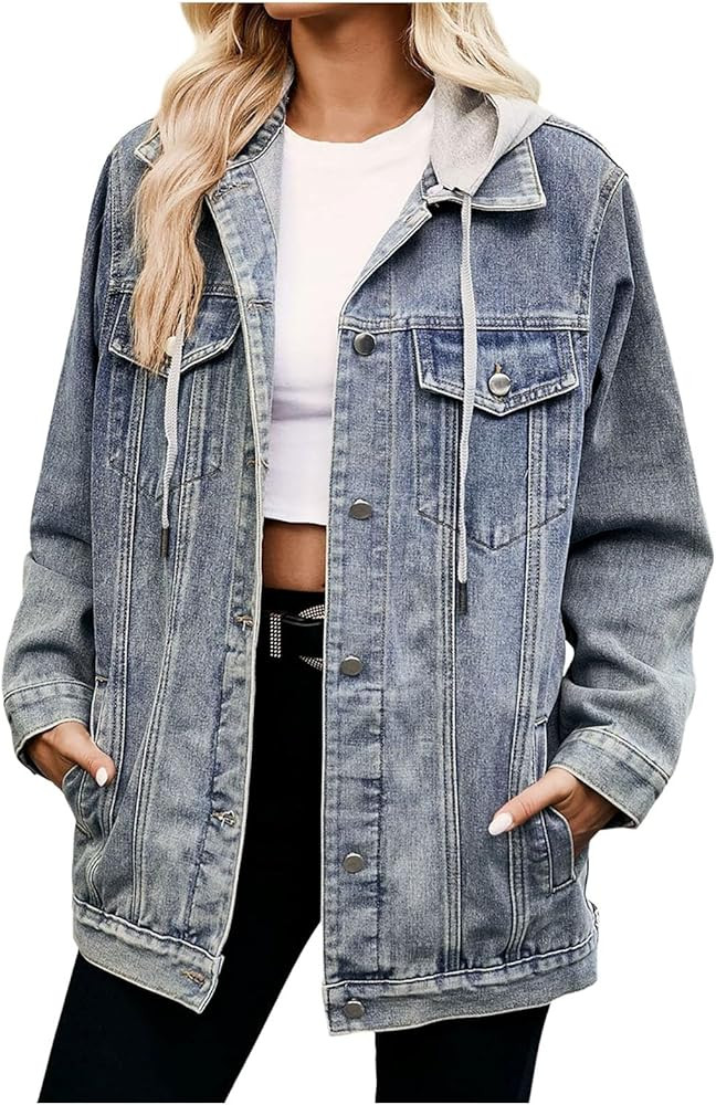 Womens Denim Jacket With Hood Plus Size Long Sleeve Fall Breathable Button Down Hoodie Jean Jacke... | Amazon (US)