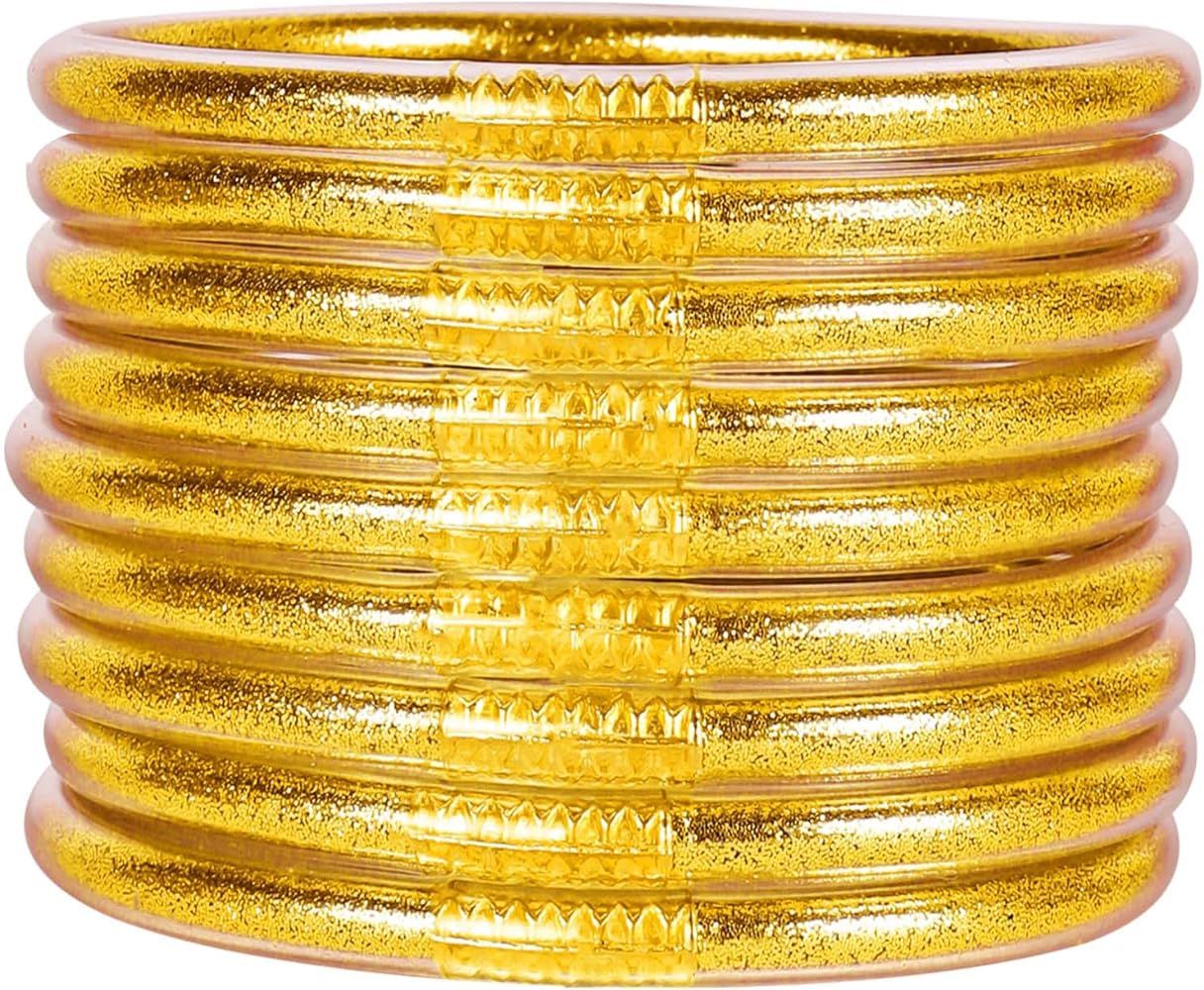 9PCS/Set Gold Foil Jelly Bangle Bracelets for Women Girls - Glitter Filled Jelly Silicone Bangle ... | Amazon (US)