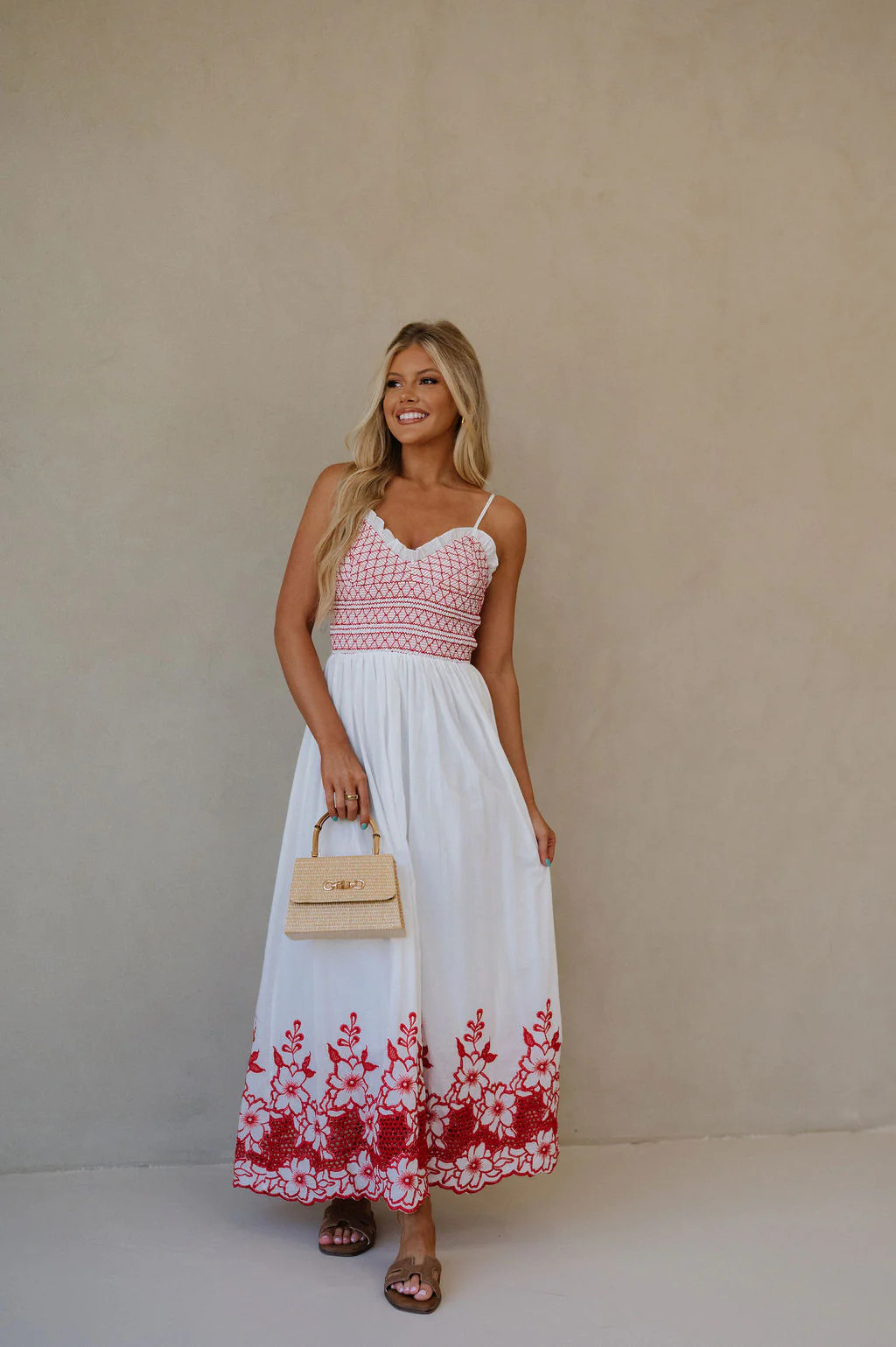 Embroidered Smocked Maxi Dress-Red | These Three