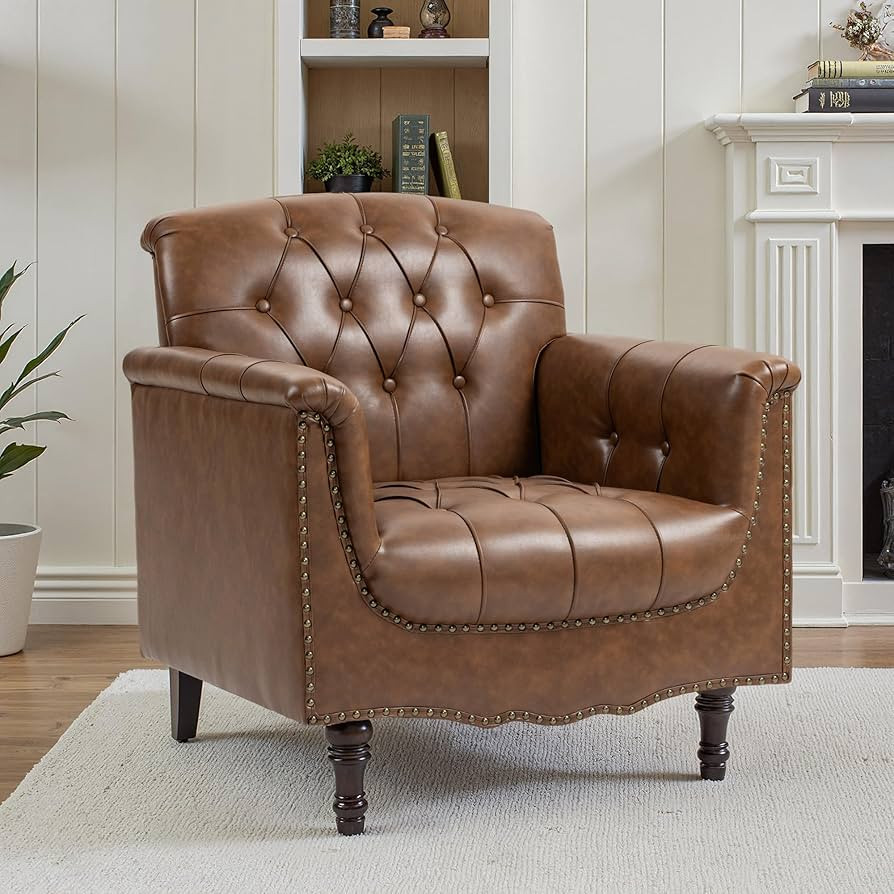 Faux Leather Accent Chair, PU Leather Modern Comfy Upholstered Armchair with Wood Legs & Nailhead... | Amazon (US)