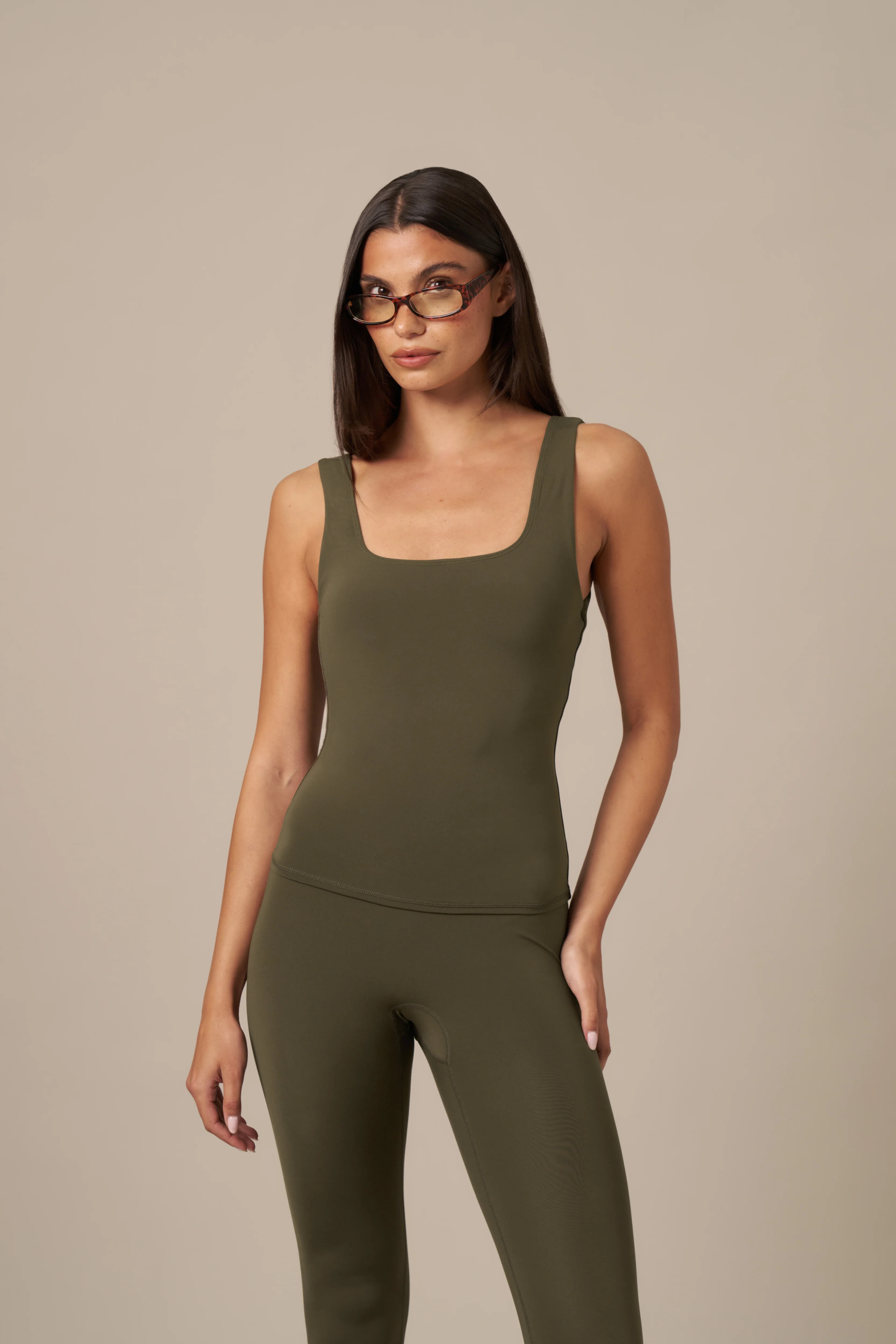 Super Soft Built In Bra Vest Top - Dark Olive | Reasn