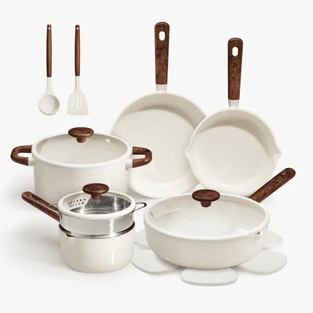 Carote 15-Piece Ceramic Cookware Set, Nonstick Pots and Pans with Steamer, Induction Compatible, White | Walmart (US)