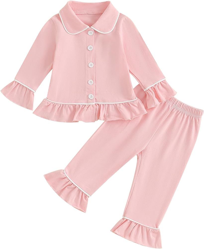 Ayalinggo Toddler Kids Baby Girl Solid Pjs Ruffle Long Sleeve Button Shirt Top and Pants Cotton 2... | Amazon (US)