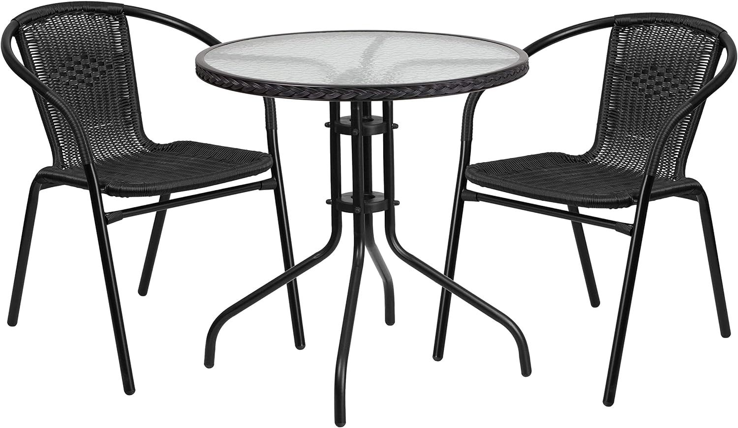 Flash Furniture 28'' Round Glass Metal Table with Black Rattan Edging and 2 Black Rattan Stack Ch... | Amazon (US)