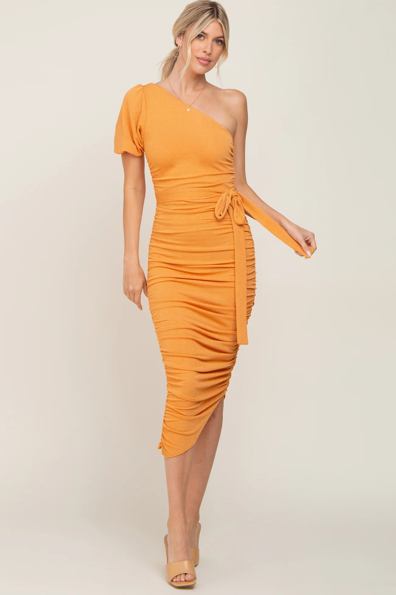 Orange Textured One Shoulder Ruched Dress | PinkBlush Maternity