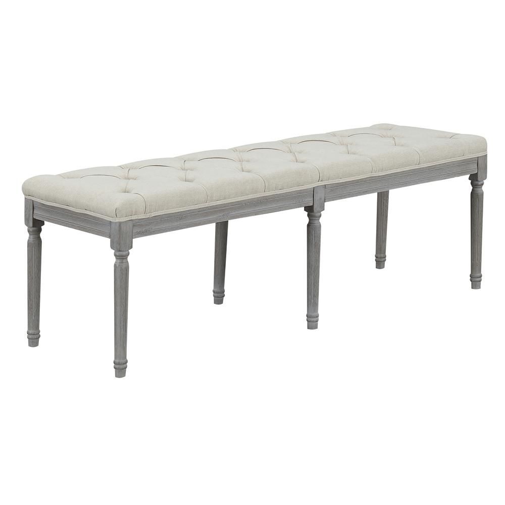Jack Button Tufted Light Beige Upholstered Bench with Weathered Gray Legs | The Home Depot