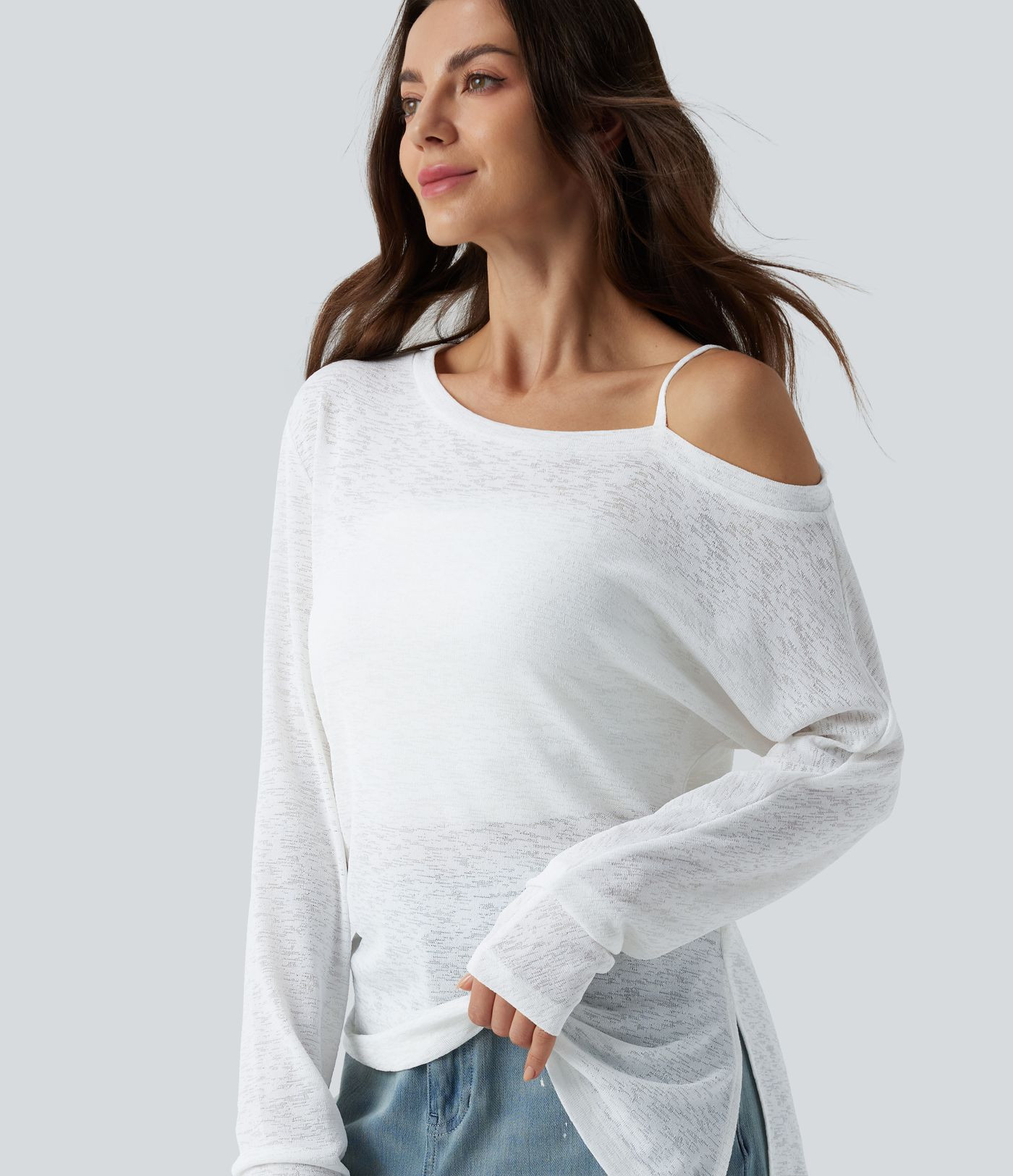 Semi Sheer One Shoulder Long Sleeve Asymmetric Hem Casual T-Shirt | HALARA