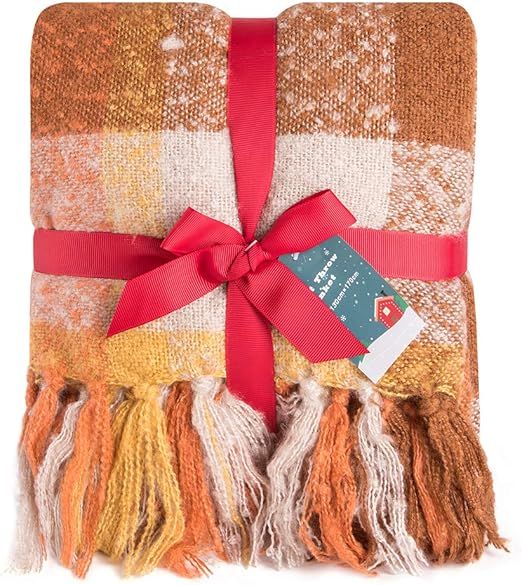 G Lake Orange Plaid Blanket Throw Acrylic Soft Reversible Dyed Fringed Bed Blanket for Christmas ... | Amazon (US)