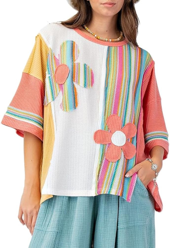 Women Y2K Color Block Short Sleeve Shirt Vintage Floral Patchwork Top Crew Neck Oversized Graphic... | Amazon (US)