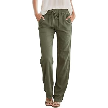 JEKAOYI Womens High Waist Casual Pants Drawstring Straight Leg Vacation Comfy Lounge Pocket Linen... | Amazon (US)