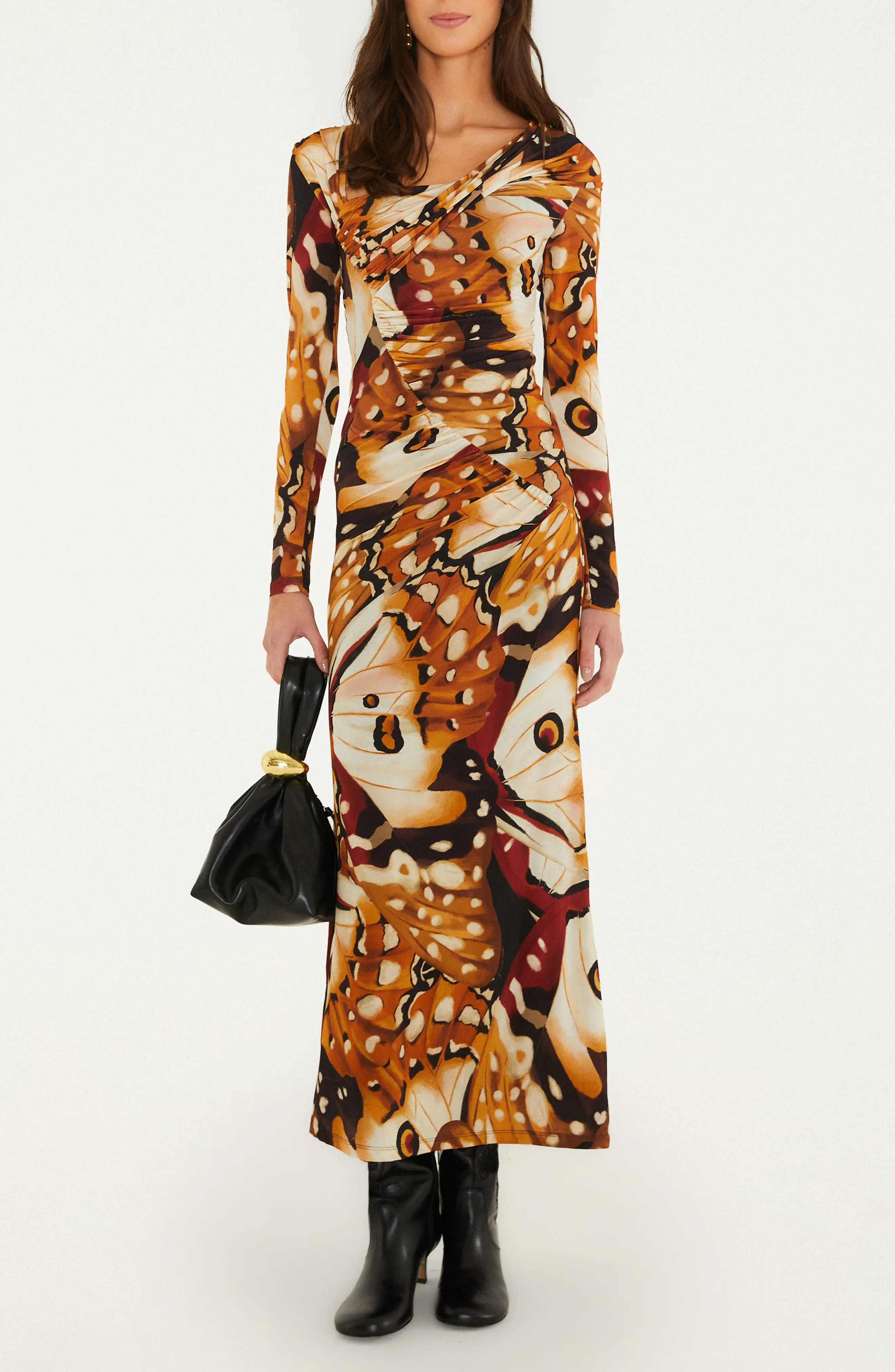 FARM Rio Borbofly Asymmetric Neck Long Sleeve Maxi Dress in Beige at Nordstrom, Size Medium | Nordstrom