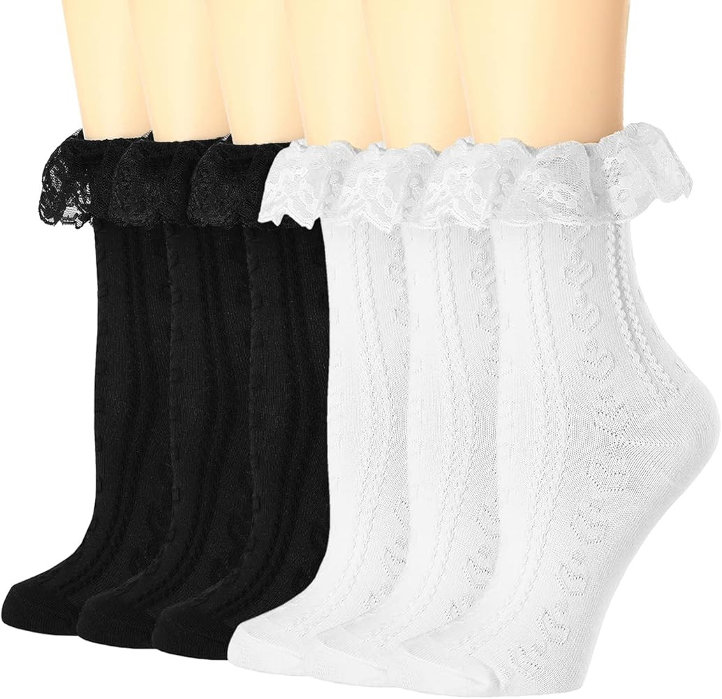 BIVOLU Womens Crew Socks Lace Ruffle Frilly Cotton Cute Princess Ankle Dress Socks for Girl 6 Pac... | Amazon (US)