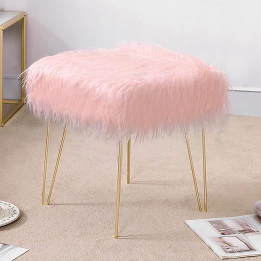 Homebeez Pink Fluffy Stool - Vanity Chair with Gold Hairpin Legs - Fuzzy Chairs for Girls Room - ... | Amazon (US)