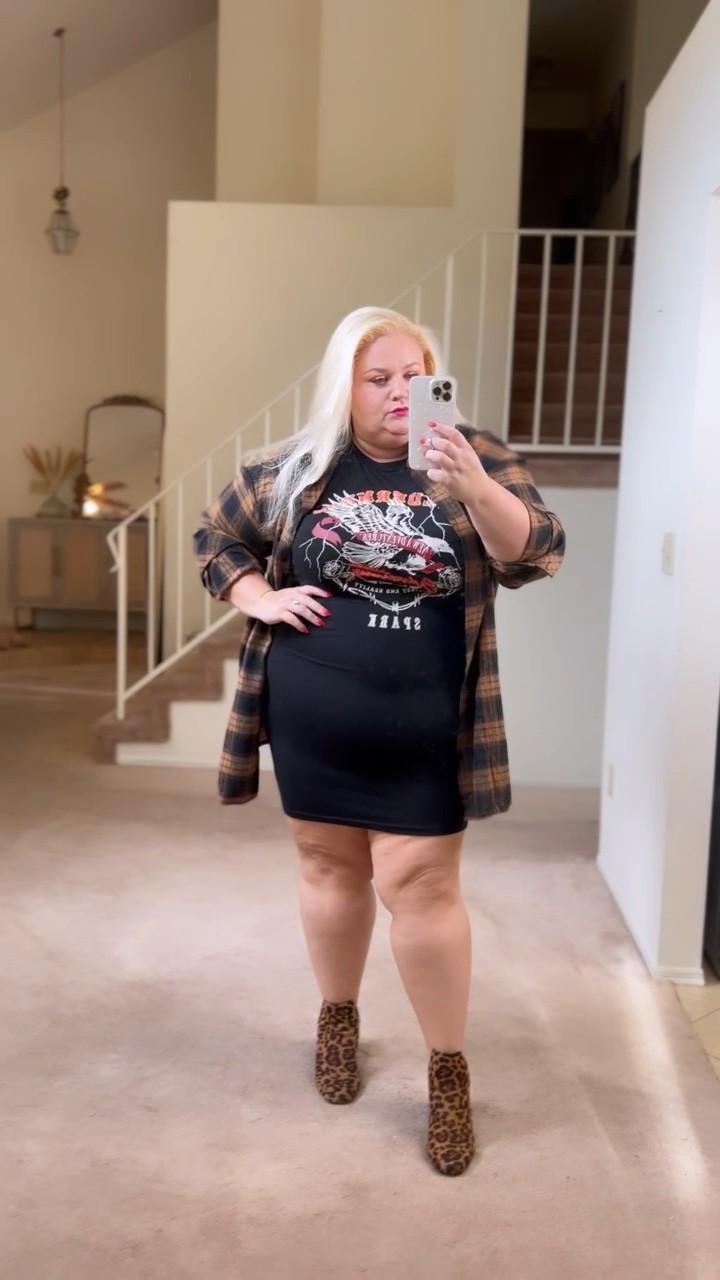 Curvy plus size date night casual outfit 

Flannel shirt oversized 
Black rocker dress 
Casual style
Fall outfit


#LTKsalealert #LTKcurves #LTKunder50