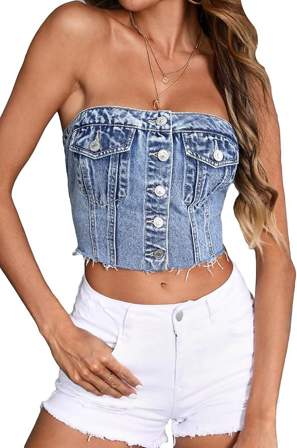 SHENHE Women's Strapless Button Up Denim Top Shirred Raw Hem Sexy Fitted Crop Jean Tube Tops | Amazon (US)
