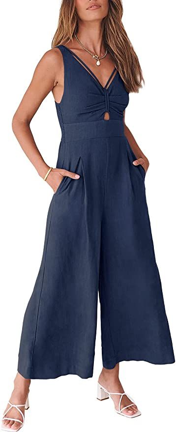 ANRABESS Women's Summer Wide leg Jumpsuits V Neck Smocked Cutout High Waist Thick adjustable stra... | Amazon (US)