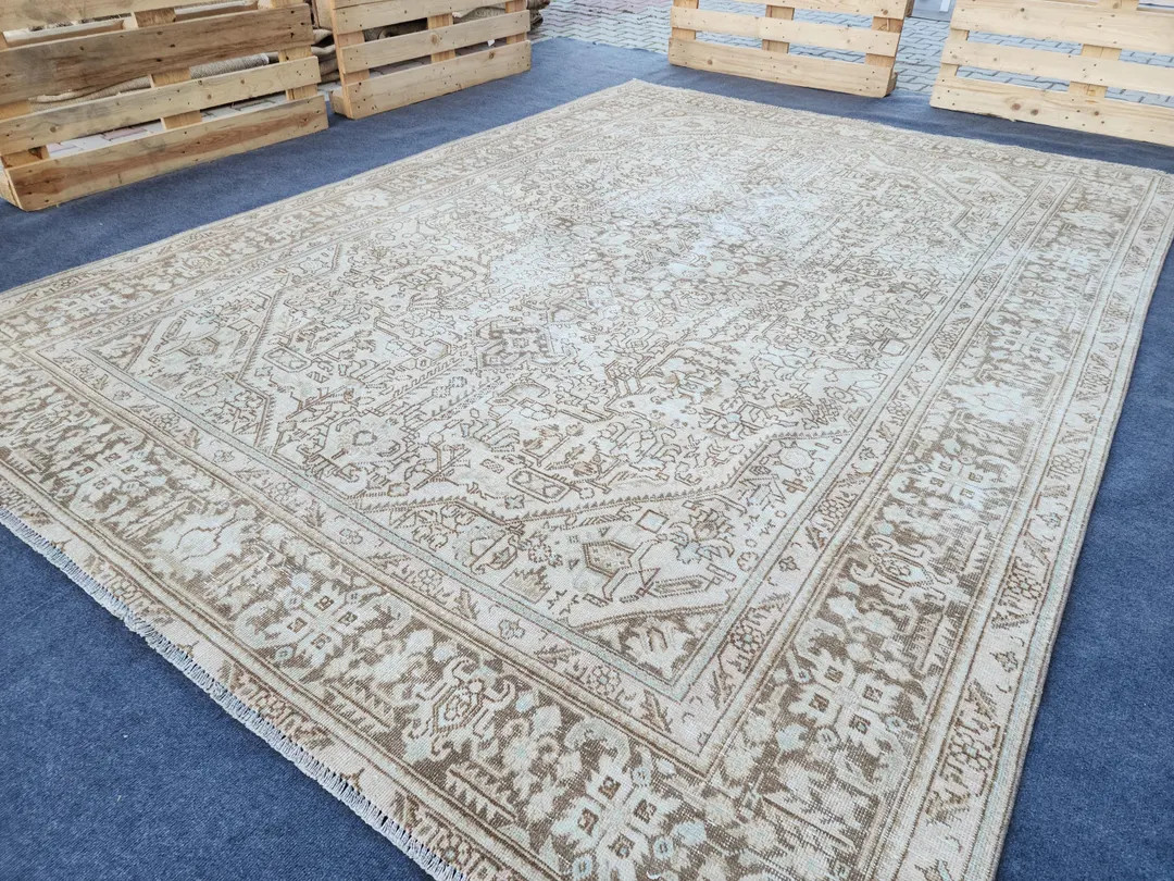 8x11 Large Oushak Rug, Neutral Area Rug, Vintage Turkish Rug, 8x11 Oversized Rug, Pale Beige Brow... | Etsy (US)