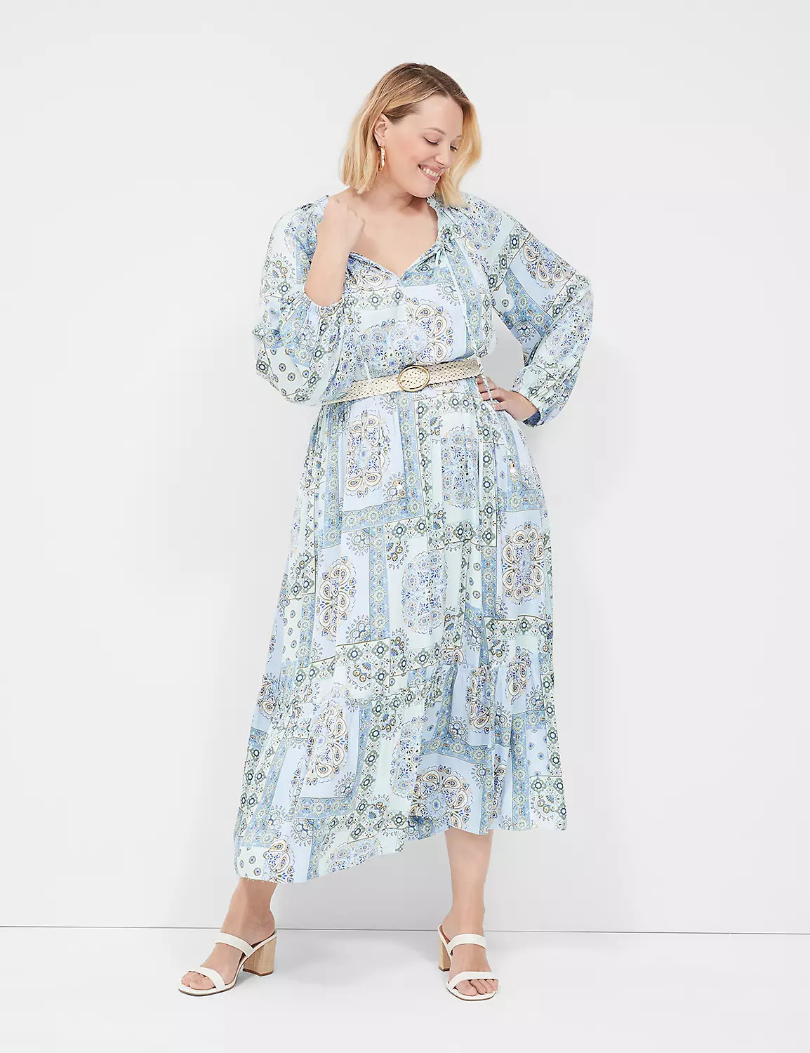 Satin Blouson-Sleeve Tiered Midi Dress | LaneBryant | Lane Bryant (US)