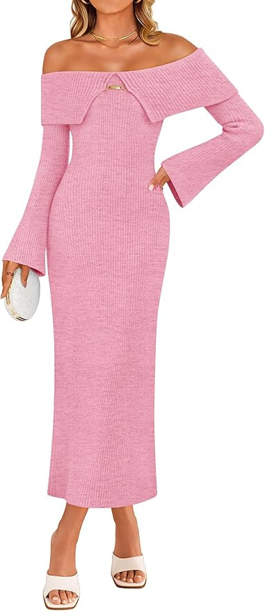 ZESICA Women's Fall Off Shoulder Sweater Dress 2025 Bell Long Sleeve Ribbed Knit Bodycon Formal M... | Amazon (US)