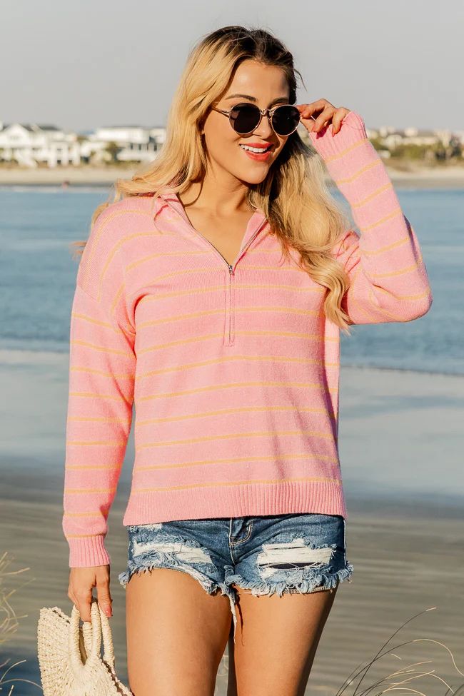 Don't Think About It Pink and Orange Striped Quarter Zip Pullover | Pink Lily