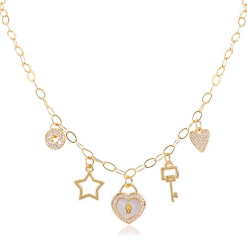 Gold Charm Necklace for Women Gold Plated Chain Pendant Necklace with Cute Dangle CZ Love Heat Lock Key Star Clover Cross Pendant Adjustable Trendy Necklace Y2K Party Jewelry Gift for Women | Amazon (US)