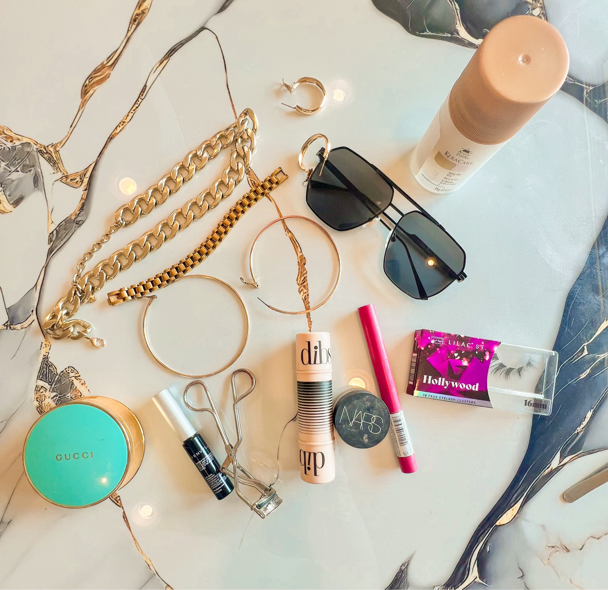 My favorite things beauty and accessories. Everyday must haves!
Lashes
Lip liner
Nars 2.5 is simply the best
14-16s lash Extentions 
Best lash bond
My favorite black sunnies for pictures
All my gold glam! 
Bronzer!
I’m so obsessed with my Dibs Dual wear it everyday! 
Style stick for hair! It works!
Gold chains glam up everything
My gold bracelet from revolve!
This is all on repeat every day🤣🤩
