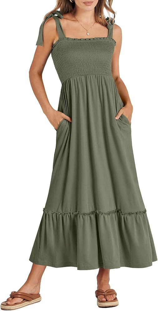 ANRABESS Women's 2024 Summer Casual Spaghetti Strap Square Neck Smocked Flowy A Line Beach Long M... | Amazon (US)