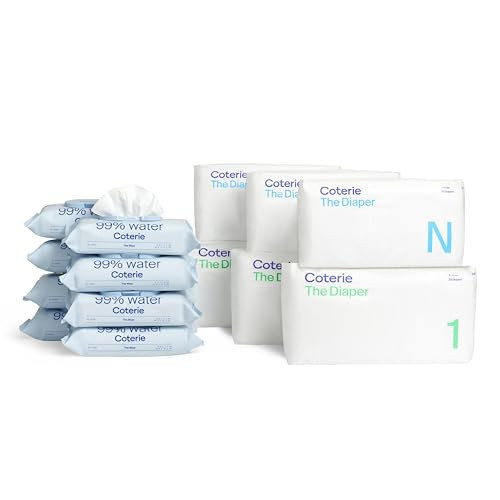 Coterie Baby Wipes + Diapers Kit, Size 1 (99 Count) & Size Newborn Diapers (93 Count), 8 Pack (448) Baby Wipes with 99% Water, Plant Based Materials, Hypoallergenic for Sensitive Skin | Amazon (US)