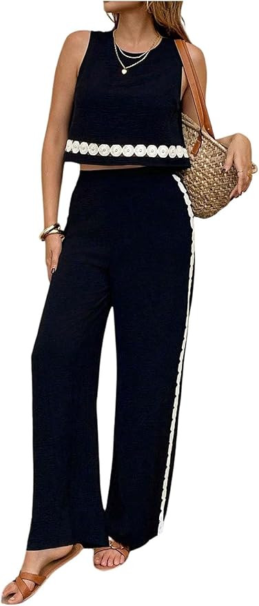 SOLY HUX Women's Clothing Set Summer Vacation Outfits Crop Tank Top and Pants Beach Resort Wear | Amazon (US)