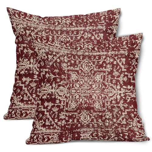 Burgundy Red Boho Throw Pillow Covers 18x18 Inch Bohemian Carpet Ethnic Decorative Square Pillow Cases Bohemian Vintage Floral Cushion Covers Farmhouse Home Decor For Sofa Couch Outdoor Set of 2 | Amazon (US)