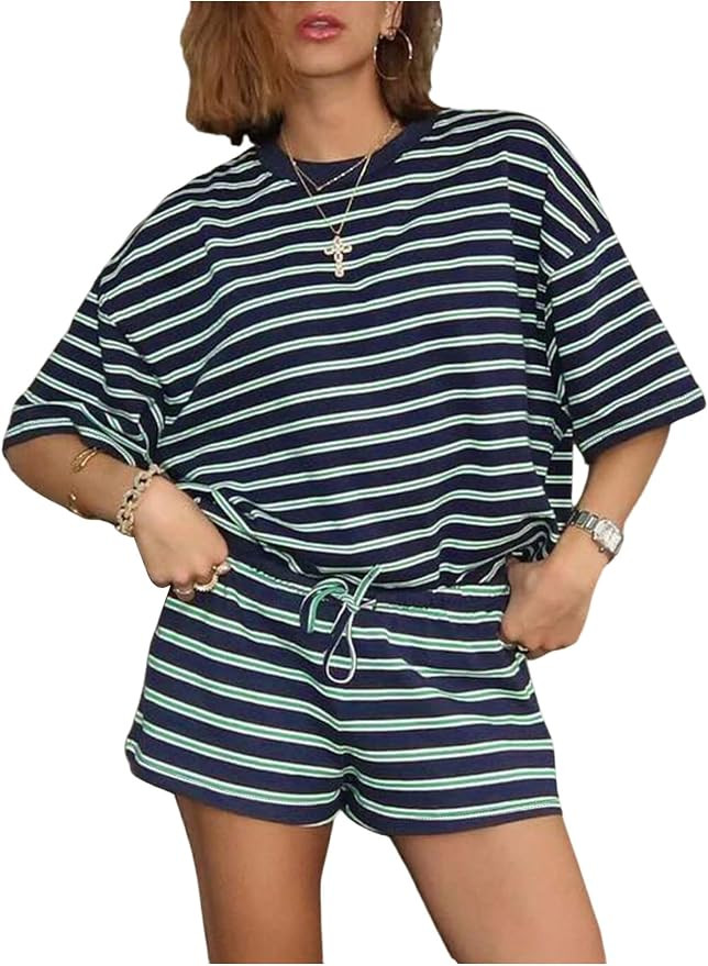 GORGLITTER Women's Striped Lounge Set for Vacation Home Comfy Resort Wear | Short Sleeve Top, Ove... | Amazon (US)