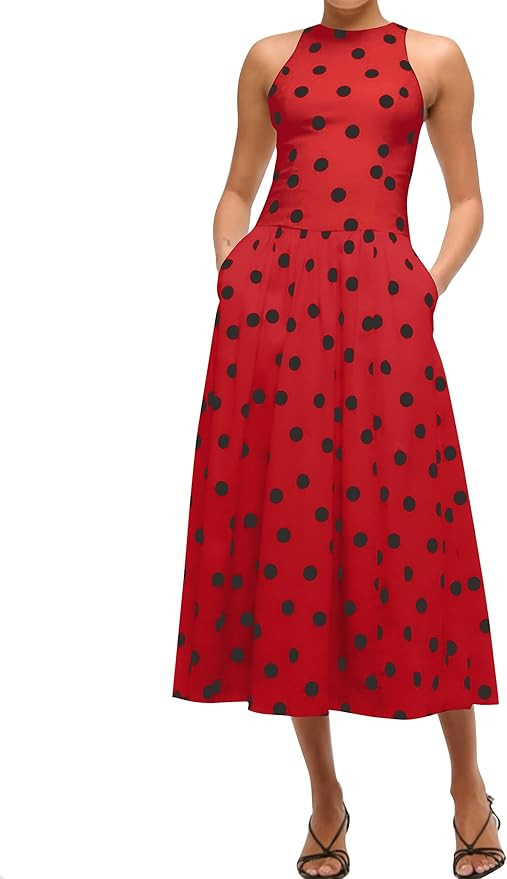 Summer Polka Dots Midi Dress Women Sleeveless High Neck Patchwork Tank Sundress Casual Flowy A Li... | Amazon (US)