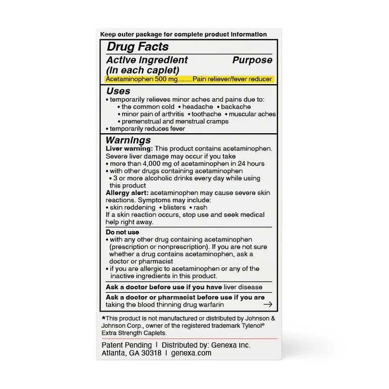 Genexa Extra Strength Acetaminophen Pain & Fever Relief Caplets, 500 mg, 100 Ct - Walmart.com | Walmart (US)