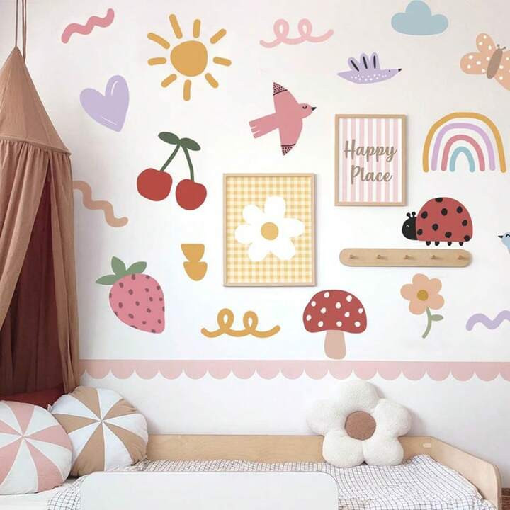 1Set Watercolor Doodle Pop Colorful Fruit Wall Stickers Decals,Rainbow,For Bedroom,Playroom,Living Room Home Decor | SHEIN
