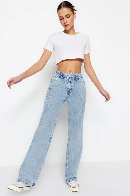 Trendyol Collection Blaue Jeans mit hoher Taille und weitem Bein und Detail TWOSS21JE0385- Trendy... | Trendyol DE
