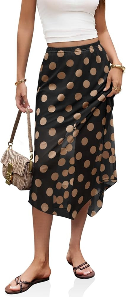 Cicy Bell Womens Summer Polka Dots Midi Skirt High Waisted Asymmetrical Hem Semi Sheer Flowy Beac... | Amazon (US)