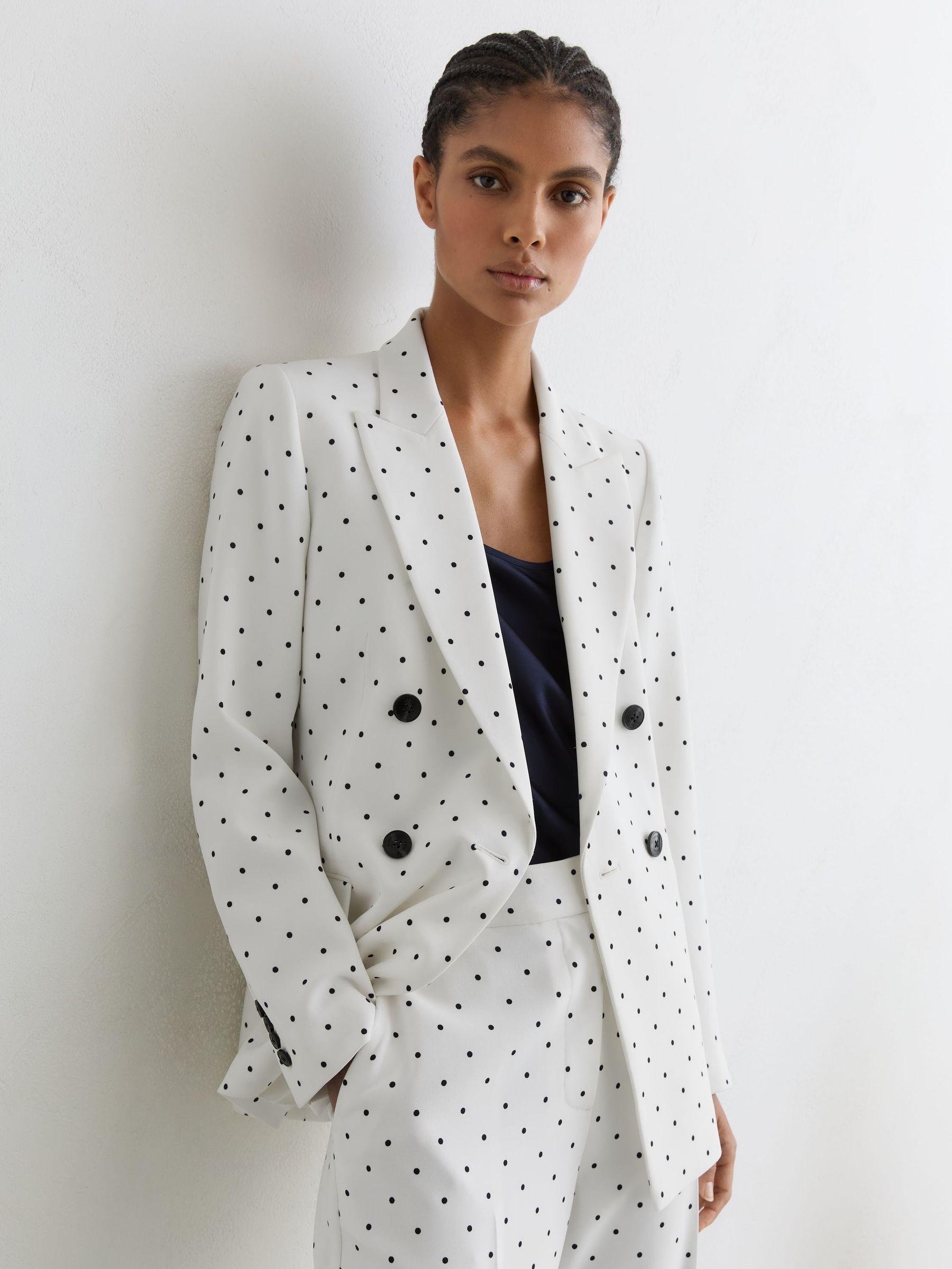 Polka-Dot Double-Breasted Suit Blazer in White/Navy | Reiss US