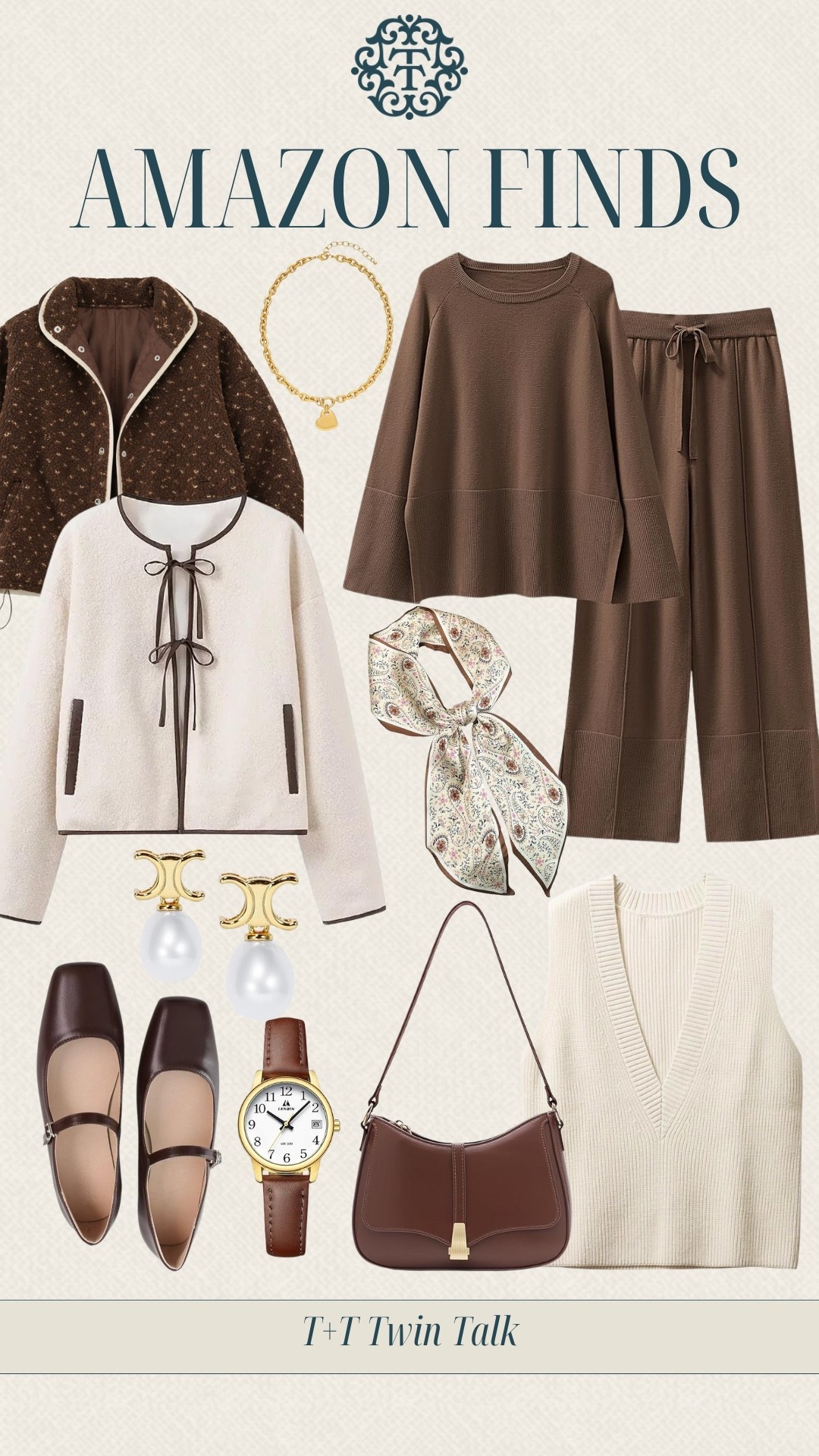Amazon fashion finds we have been loving lately! A brown matching set for lounging around the house and the polka dot Sherpa jacket to keep warm have been our favorites! For accessories, we are loving the patterned scarf, brown Mary jane flats, and gold chain necklace. 

#LTKMidsize #LTKSeasonal #LTKOver40