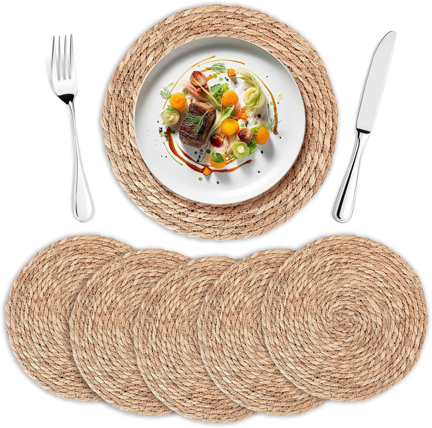 Round Woven Placemats Set of 6 | Handmade Natural Wicker Placemats for Holiday Wedding Home - Slip Heat Resistant Rattan Chargers for Dinner Plates (13 Inch) | Amazon (US)